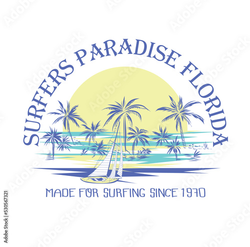 Palm trees and sailboat graphic work.Surfers paradise ,Florida.