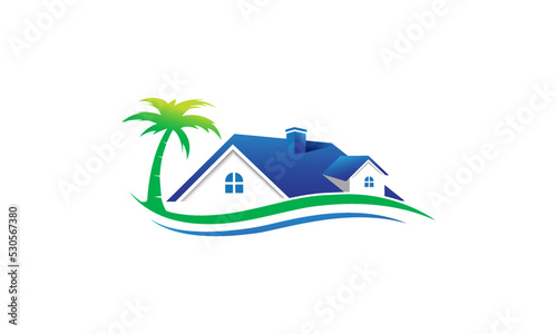 Creative Beach house logo design vector. Roof house beach wave on the sunny day summer template illustration