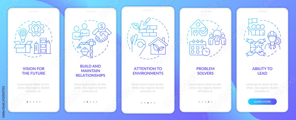 Housing developer characteristics blue gradient onboarding mobile app screen. Walkthrough 5 steps graphic instructions with linear concepts. UI, UX, GUI template. Myriad Pro-Bold, Regular fonts used