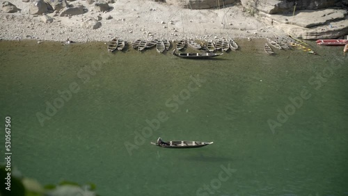 Indigenous Wooden Boats At Dawki Rivershore During Summer In Meghalaya, India. High Angle Shot photo