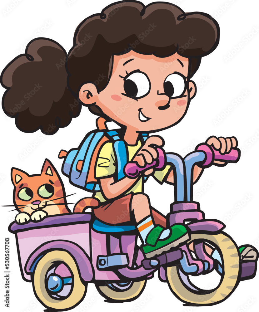 girl rides a tricycle with a cat in the trailer girl rides a tricycle with a cat in the trailer