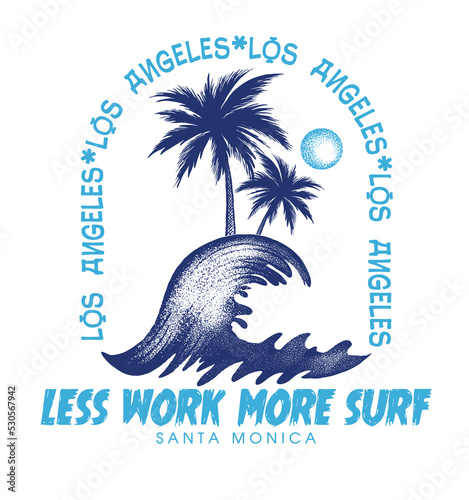 Vector surfing badge with the beach view illustration. For t-shirt prints and other uses.
