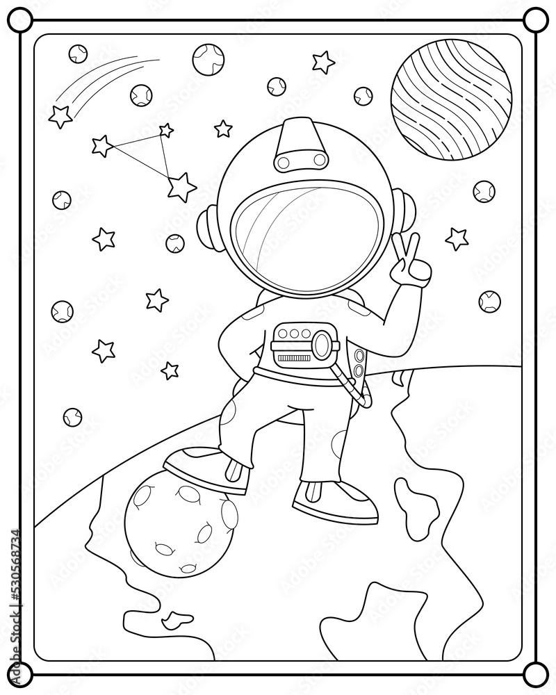 Obraz premium Cute astronaut playing moon ball in space suitable for children's coloring page vector illustration