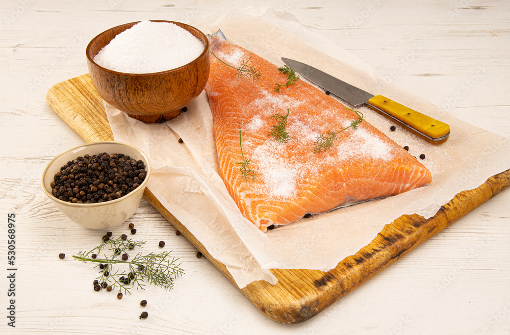 Salmon fillet with pepper, salt, fresh dill Salmon fillet with pepper, salt, fresh dill