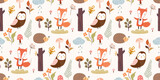 Autumnal seamless pattern, wallpaper, cute childish background design with cute animals and forest vegetation 