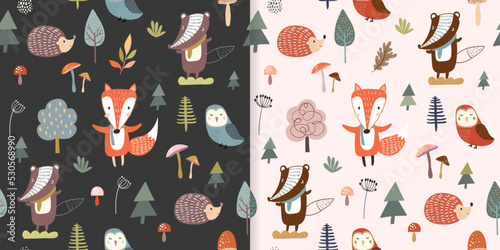 Fototapeta Naklejka Na Ścianę i Meble -  Autumnal seamless patterns set, wallpaper, cute childish background design with cute animals and forest vegetation, fox, owl,  badger and hedgehog