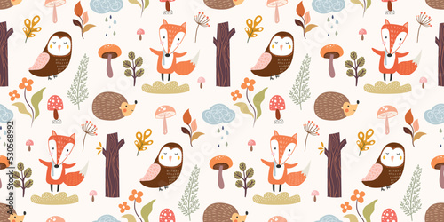 Autumnal seamless pattern, wallpaper, cute childish background design with cute animals and forest vegetation  © lilett
