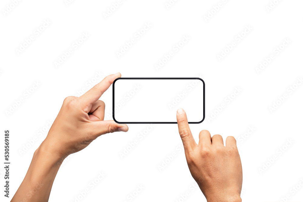 Hand holding the smartphone with touching hand Hand holding the smartphone with touching hand