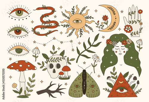 Vector set of 70s psychedelic mystery forest stickers. Hippy elements of snake, skull, eye, mushrooms, woman, hand, moth. Cartoon witchcraft illustrations. Vintage boho clipart