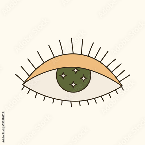 Vector 70s psychedelic eye of providence with abstract symbols. Retro groovy element for design and print. Cartoon hippy sticker. Vintage boho illustration