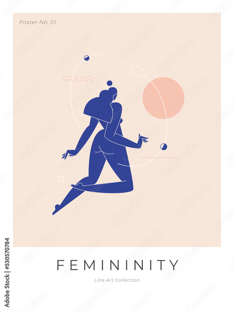 Contemporary modern print. Woman silhouette, nude female body in abstract pose, mid century composition with geometric shapes. Beauty, Femininity concept for wall art, posters. Vector illustration