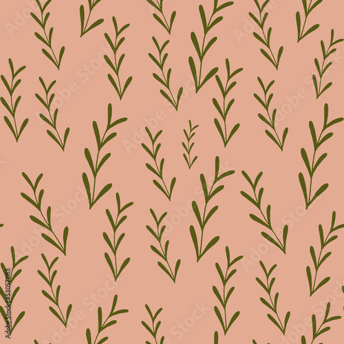 green minimalistic olive branches on coral background