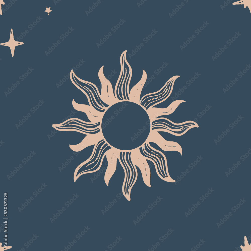 illustration of a sun with stars in dark blue and beige illustration of a sun with stars in dark blue and beige