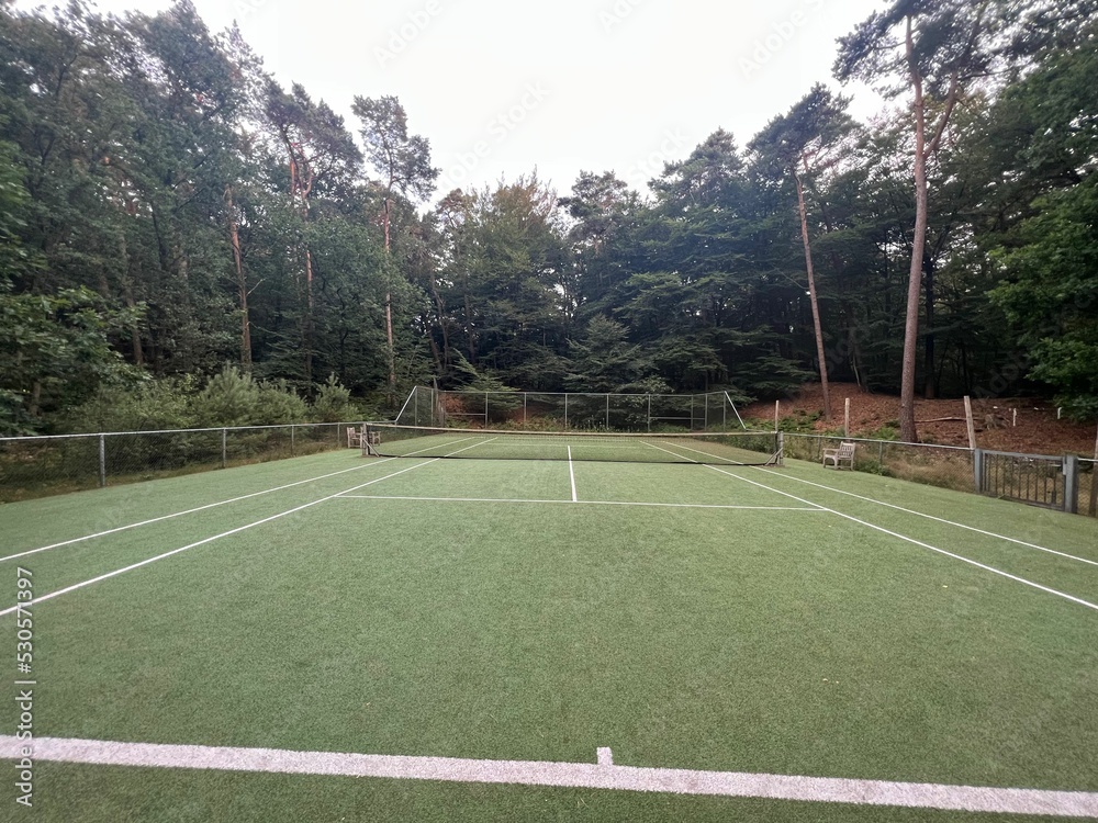 Fototapeta premium Tennis court with green grass and net outdoors