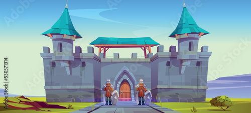Medieval guard stand at castle gates, fairytale knights defend ancient fortress with turrets and stone walls. Fantasy magic or historical antique architecture, game scene Cartoon vector illustration