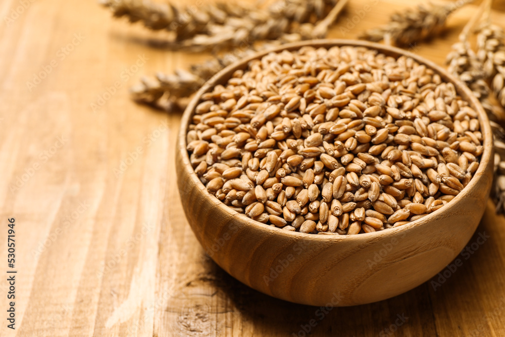 Wheat grains with spikelets on wooden table, closeup Wheat grains with spikelets on wooden table, closeup