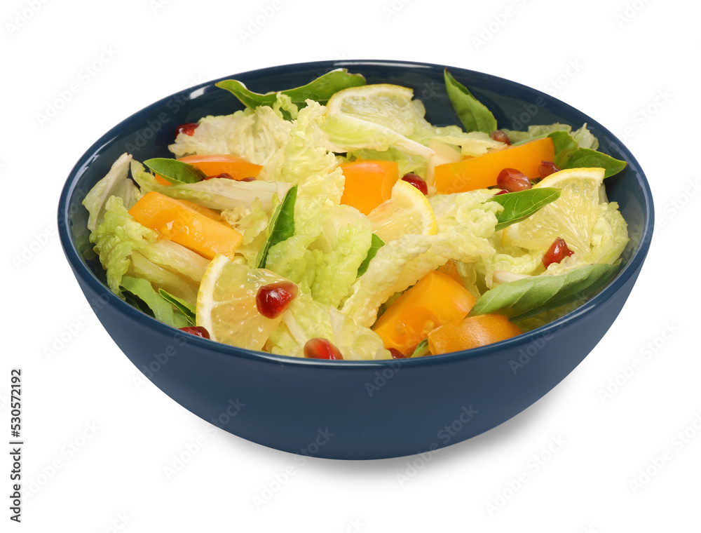 Delicious salad with Chinese cabbage, lemon, persimmon and pomegranate seeds isolated on white Delicious salad with Chinese cabbage, lemon, persimmon and pomegranate seeds isolated on white