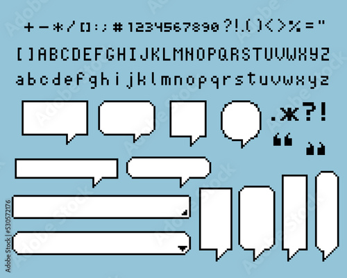 collection set of retro game 8 bit pixel speech bubble balloon with alphabet, text box banner, black and white color, flat design vector illustration