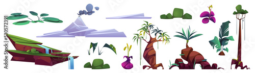 Prehistoric landscape elements, cartoon constructor with tropical plants, steaming volcano, palm trees, vines, waterfall and rocks isolated on white background. Jurassic era vegetation Vector set