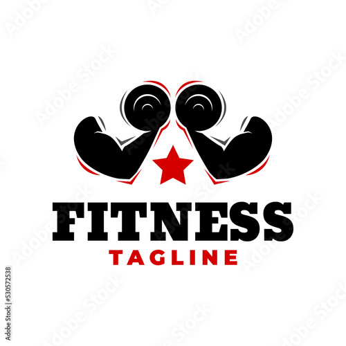 two hand holding barbel for gym studio logo. fitness logo vector template. photo