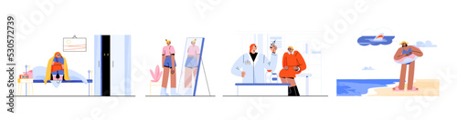 Women with different phobias, mental disorder or psychological problems. Characters fear of needle, darkness at night, sharks in sea and reflection in mirror, vector flat illustration