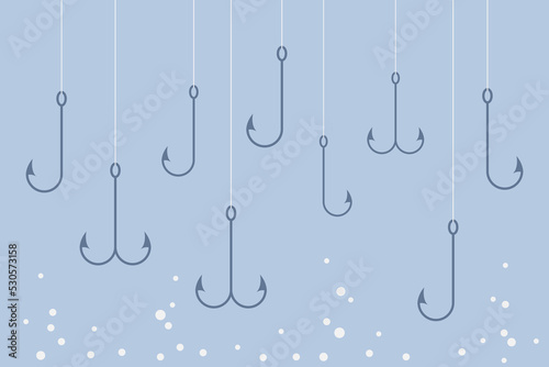 Fishing hooks on fishing lines underwater graphic background. Wallpaper with catching fish. Vector illustration