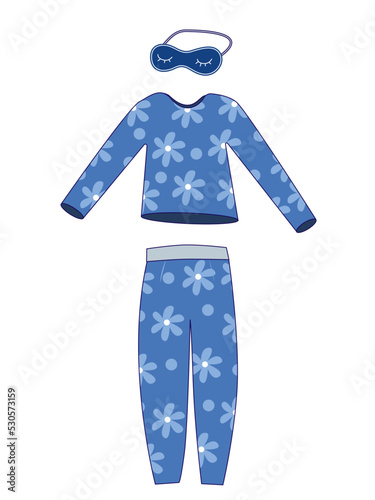 Blue pajama with sleeping mask illustration isolated on white background.