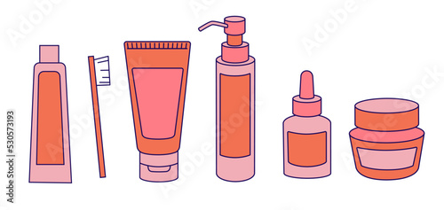 Set of morning routine. Cosmetic and tooth brush isolated on white background  