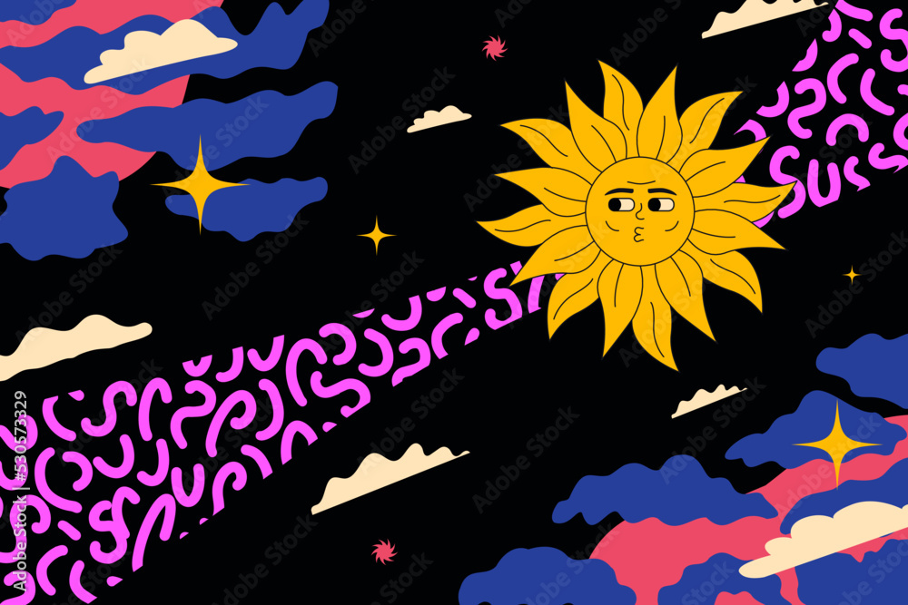 Kitsch hippie abstract illustration, cheerful sun on the background of a black sky in spots. Psychedelic acid artwork.
