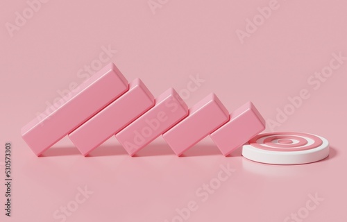 Downward bar graph collapse to target, business failure to achieve goal, missing target due to mistake investing performance concept, 3d render illustration.