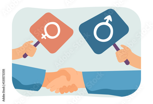 Handshake of people holding male and female gender symbols. Man and woman shaking hands flat vector illustration. Equality, partnership, fairness concept for banner, website design or landing web page