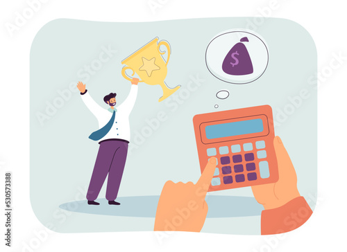 Hands with calculator calculating profit from employees success. Tiny happy man holding golden cup flat vector illustration. Money, income, fee concept for banner, website design or landing web page