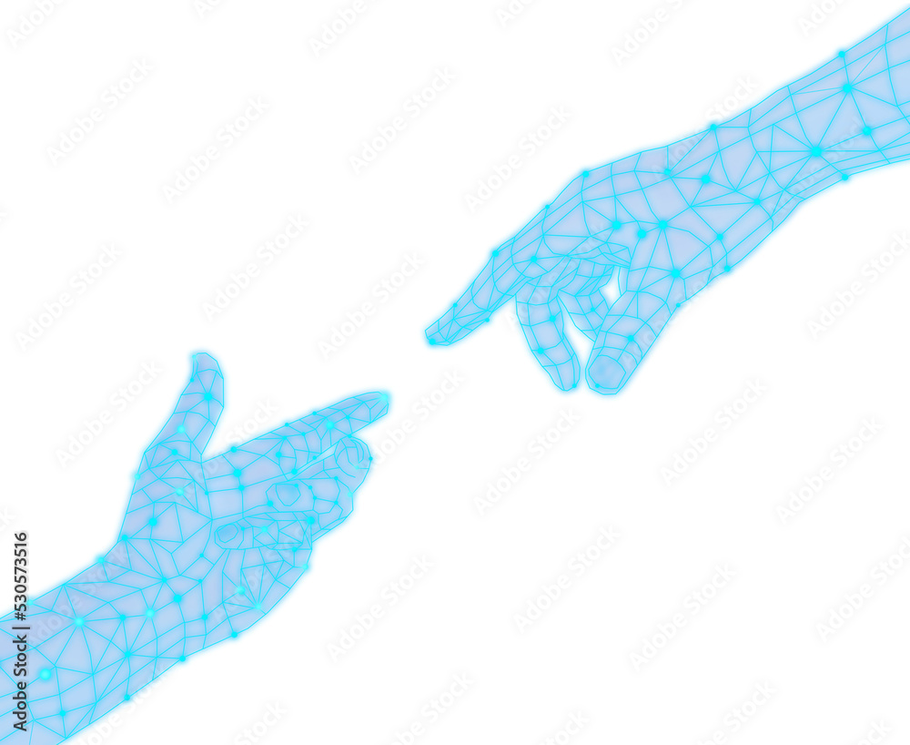 Digital hands reaching, creativity concept. Works beautifully on dark background. Digital hands reaching, creativity concept. Works beautifully on dark background.