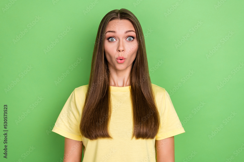 Photo of pretty lady impressed bad negative news information rumor gossip dressed yellow clothes isolated on green color background Photo of pretty lady impressed bad negative news information rumor gossip dressed yellow clothes isolated on green color background