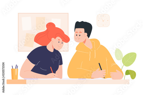 Student peeking into test paper of schoolmate. Cartoon pupils at desk in classroom, boy breaking school rules during exam flat vector illustration. Education, cheating, bad behavior concept for banner