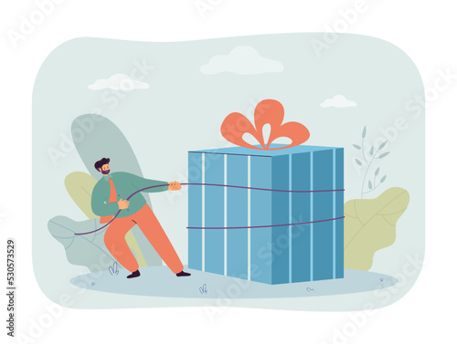 Tiny consumer pushing big gift box. Man moving wrapped present with ribbon and bow flat vector illustration. Discount, event, sales in store concept for banner, website design or landing web page