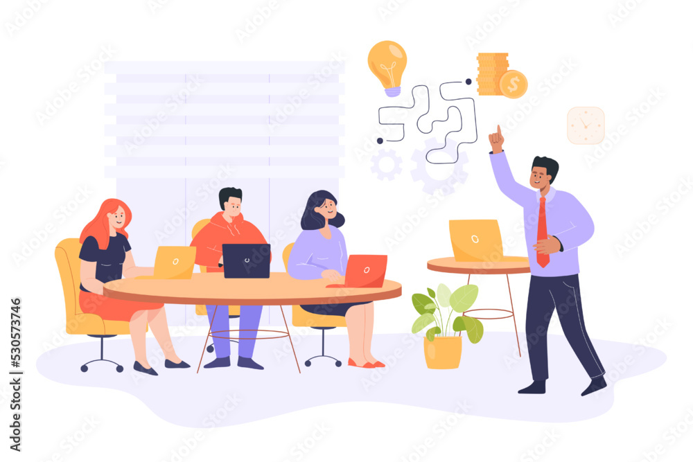 Coach or teacher giving students direction for success. Mentor giving instruction for successful future through knowledge flat vector illustration. Education, finances concept for banner, landing page Coach or teacher giving students direction for success. Mentor giving instruction for successful future through knowledge flat vector illustration. Education, finances concept for banner, landing page