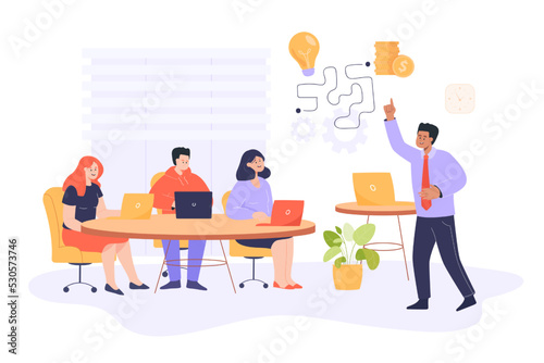 Coach or teacher giving students direction for success. Mentor giving instruction for successful future through knowledge flat vector illustration. Education, finances concept for banner, landing page