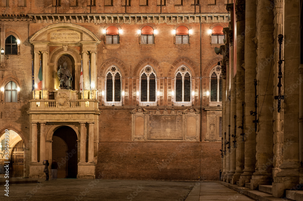 Bologna, Italy, the medieval city hall at night