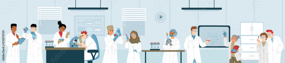 Science laboratory research and development. Medicine, genetics, chemistry or biochemistry scientists working together in lab with microscope and equipment, Cartoon linear flat vector illustration - obrazy, fototapety, plakaty 
