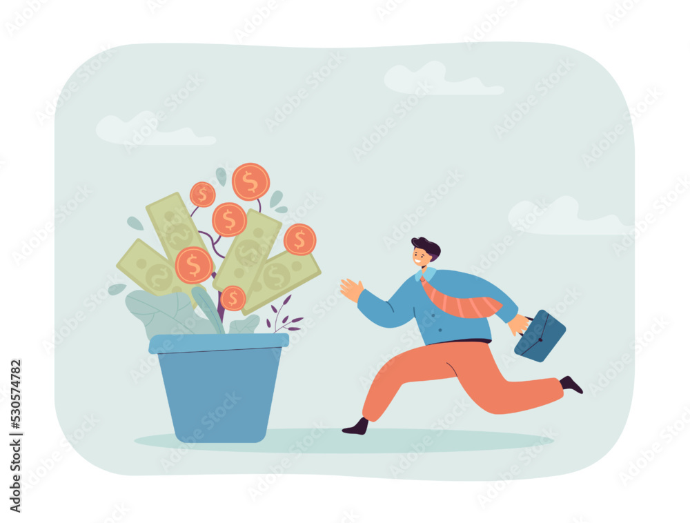 Happy employee running to pot with growing money plant. Increase of financial profit for tiny man flat vector illustration. Wealth, abundance concept for banner, website design or landing web page Happy employee running to pot with growing money plant. Increase of financial profit for tiny man flat vector illustration. Wealth, abundance concept for banner, website design or landing web page