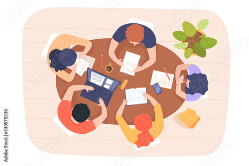 Top view of students studying for exams together in class. Adult people sitting at table, writing and learning, university or college group project flat vector illustration. Education concept