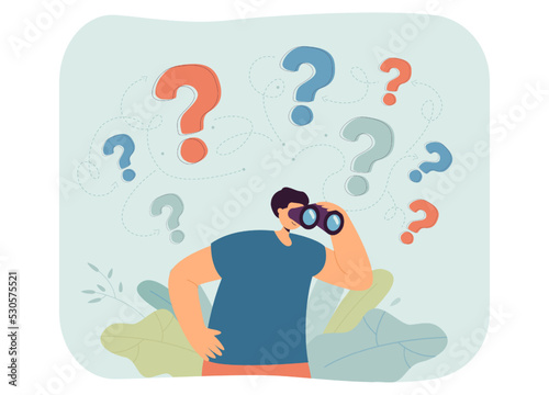 Search for answers to questions from man with binoculars. Curious person exploring future goals flat vector illustration. Solution, curiosity concept for banner, website design or landing web page