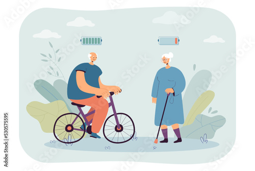 Tired grandmother standing near happy grandfather on bicycle. Low and full charge battery in elderly flat vector illustration. Energy, health concept for banner, website design or landing web page