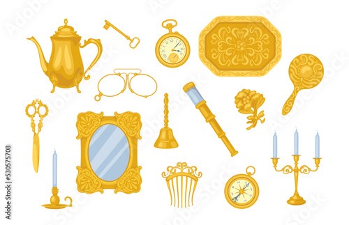 Vintage gold accessories vector illustrations set. Collection of drawings of candle in gold candlestick, mirror in golden frame, comb, key, watch isolated on white background. Vintage, luxury concept