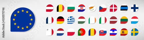 All Europe Flags round rectangle flat buttons isolated on white