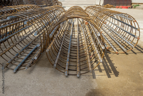 Reinforcing cages of round columns in industrial construction.
