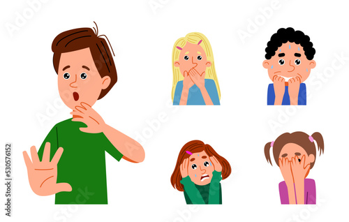 Seth with the Frightened children. Emotions of boys and girls. Vector illustration of a cartoon in a flat style.