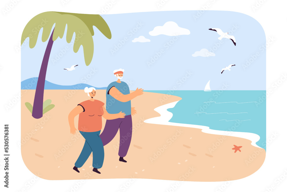 Grandfather and grandmother jogging on sea beach. Cardio workout of old active man and woman flat vector illustration. Sport, prevention concept for banner, website design or landing web page