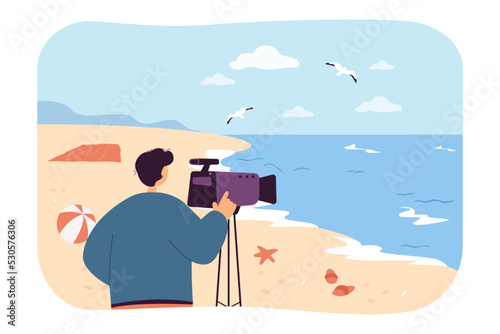 Beach view shooting by professional videographer. Man with camera filming flying seagulls over sea waves flat vector illustration. Video concept for banner, website design or landing web page